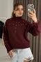 Women's Turtleneck Sweater with Stones and Pearls, Burgundy - 2