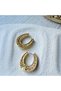 Women's Gold Thick Oval Hoop Earrings with Antique Pattern and Shimmering Stones, Special Design - 3