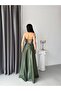 Khaki Stone Embroidered Strapless Satin Evening Dress - 6