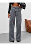Denim Palazzo Pants with Belt, Snow Black Front Detail - 3