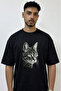 Tabby Cat Art Design Printed Oversize Black T-Shirt