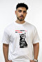 Smiling Cat Design Printed Oversize White T-Shirt