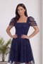 Women's Watermelon Sleeve Square Collar Embroidered Midi Length Tulle Dress Burgundy, Navy Blue, Indigo, Black - 2