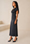 Black Satin Fabric Draped V-Neck a Line Cut Midi Evening Dress 77167 - 8