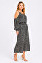 Women's Large Size Black, Rope Strap, Off Shoulder, Waist Elastic Detailed, Floral Pattern Dress 65N39568 - 6
