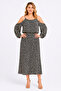 Women's Large Size Black, Rope Strap, Off Shoulder, Waist Elastic Detailed, Floral Pattern Dress 65N39568 - 5