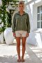 Khaki Shirt Collar Bat Sleeve Buttoned Embroidered Elastic Waist Casual Cotton Woven Jacket 62 70 - 5
