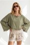 Women's Khaki Boat Neck Tassel Detailed Crinkle Blouse Blz-19003414 - 4