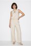 Women's Beige Cotton Linen Crew Neck Balloon Cut Blouse Loose Trousers Set Dt251003 60286398 - 2