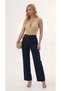 Women's Navy Blue Crepe Palazzo Trousers with Elastic Waist, Full Lycra, Flexible, Pocketless, Button Detail, Wide Legs - 4
