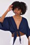 Women's Tie-Front Crop Blouse - Navy Blue