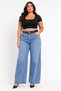 Plus Size Denim Belted High Waist Wide Leg Women's Trousers