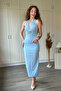 Halter Neck Slit Midi Blue Dress with Chest Accessories - 7