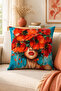 Red Floral Women's Portrait Patterned Decorative Throw Pillow Cover Bohemian Decor 43X43 cm