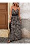 Women's Leopard Patterned Long Jersey Dress with Rope Straps at the Waist and Lace on the Back