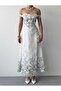 Women's Floral Patterned Madonna Collar Long Linen Dress - 3