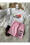 Girl's White T-Shirt and Pink Shorts Set Summer Printed Cotton 2-Piece Set - 4