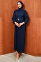 Navy Blue Belted Pleated Evening Dress - 3