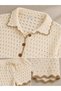 Women's Ecru Perforated Knitwear Two-Piece Set Summer Mesh Knit Shirt Shorts - 6