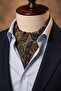 Yellow Navy Blue Shawl Pattern Italian Silk Ascot Tie Sac129
