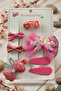 Pink Color Ribbon Figured Rubber Band, Side Buckle Set of 7 - 2