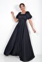 Women's Balloon Sleeve Square Neck Skirtflared Lined Satin Long Dress - 2