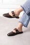 Salerno Brown Wrinkled Patent Leather Gold Buckle Thick Strap Closed Front Women's Slippers - 2