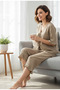 Women's Bamboo Linen Pajama Set with Tie Front Detail, Flared Sleeves and Cuffs - 2