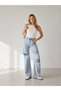 Women's Ice Blue High Waist Knee Ripped Detailed Wide Leg Palazzo Jean Denim Trousers - 3