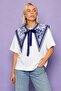 Women's Short Sleeve Bleu Jardin T-Shirt with Shawl Collar Accessory in White – Flexible Fabric, Comfortable Fit - 2