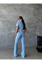 Women's Lycra Denim Set - Short Sleeve Pocket Detailed Denim Jacket and Spanish Flare Pants Two-Piece Set - 5