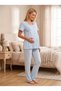 New Season Blue Summer Breastfeeding Feature Scallop Linen Detailed Design Short Sleeve 100% Cotton Maternity Pajama Set - 5