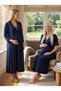 New Season Navy Blue Button Detailed Ribbed Design Short Sleeve 100% Cotton Maternity Nightgown Set of 2 - 8