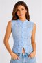 Women's Blue Stand Collar Lace Chinese Button Bohemian Vest Crop Blouse Zero Sleeve Slim Fit Bustier - 2