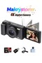 كاميرا رقمية بدقة 4K مع بطاقة ذاكرة SD سعة 128 جيجابايت، تدعم تصوير الفيديو بدقة 64 ميجابكسل وشاشة قابلة للطي بزاوية 180 درجة.