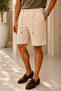Men's Regular Fit Linen Look Elastic Waist Lace-Up Beige Bermuda Shorts