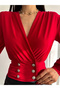 Women's Red Double Breasted Collar Waist Button Detailed Corseted Long Sleeve Body Blouse Evening Dress - 2