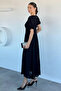 Black Women's Double-Breasted Collar Embossed Patterned Dress - 4