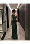 Emerald One-Shoulder Draped Long Evening Dress with Buckle Accessories 583423