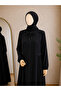 Black Pleated Abaya, Zippered, Draped Abaya with Pearls on the Sides, Medina Silk Fabric - 2