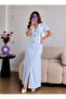 Blue Gold Buttoned Slit V-Neck Long Dress - 3
