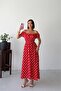 Women's Red Madonna Collar Ruffle Detailed Patterned Midi Length Dress Nbg136 - 3