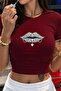 Women's Crop Slim Fit Stoned Lip Printed 100% Cotton T-Shirt – Black