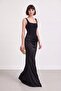 Women's Black Square Neck Strap Long Mermaid Evening Dress - 2