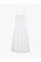 Cotton U-Neck Strappy Embroidered A-Line Long Dress - 3