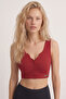 Women's Red Ribbed V-Neck Button Detailed Stretchy Crop Top / Bustier
