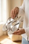 Talyano Silver (3 cm Heel) Caged Short Heeled Sandals with Gold Buckle Detail for Night and Daily Use - 3