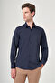 Navy Blue Hard Collar Long Sleeve Pocketless Slim Fit Flexible Water Repellent Shirt 1004260234