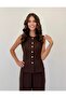 Sofia Linen Brown Palazzo Suit with Six Buttons and Floral Button Detail - 2