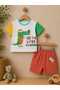 100% Cotton Pocketed Dinosaur Printed Double Baby Set with Snap Fasteners at the Neck - 2